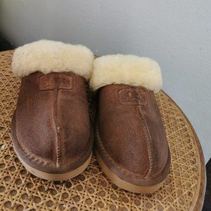 Slpr NaturalSheepskin Fernie Women Slipper Camel Soft suede upper Size7